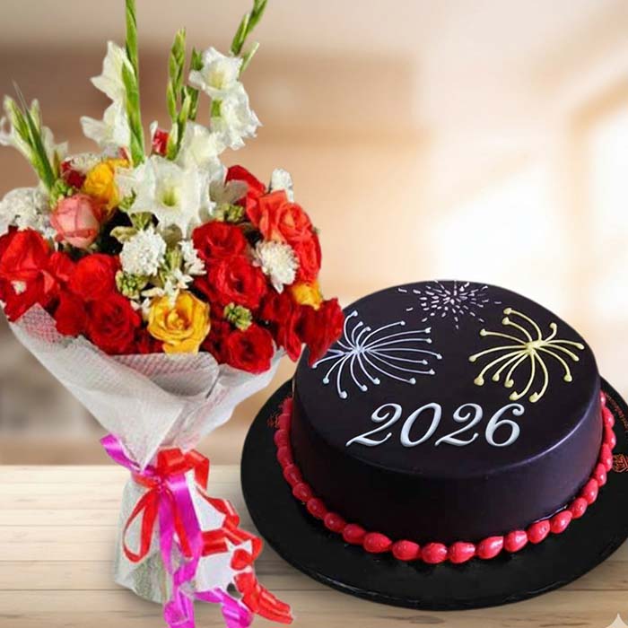 New Year Chocolate Cake & Bouquet